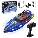Snorthy Ferngesteuertes Boot mit LED-Licht 2,4-GHz RC Boot für Kinder 15km/h Wiederaufladbar 1200mAh Speedboat Rennboote für Pools Seen Meere Wasserspielzeug Geschenke für Jungen Mädchen Kinder (Blau)