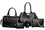 FiveloveTwo Damen Handtasche 5Pcs Krokodil-Muster Umhängetasche Nähen Henkeltaschen Shopper Taschen Schultertasche Clutches Brieftasche Kartenhalter Schwarz