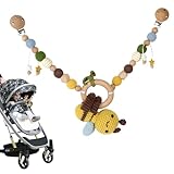 KBIBCK Kinderwagenkette Holz Baby, Kinderwagen Kette für Babys, Spielkette für Kinderwagen, Kinderwagenkette Mädchen, Kinderwagenkettes aus Holz und Baumwolle Gehäkelt für Babys (Biene)