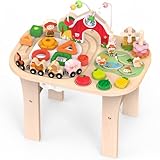 Aktivitätstisch für 1-jährige, Holz-Sinnestisch mit Perlen Labyrinth, Formensorter und Tierische Schienenbahn, Montessori-Farm-Spielcenter, Lernspielzeug ab 12 Monaten (Natürlich)