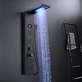 KINKIBOS LED Duschpaneel mit Armatur, 5 Funktionen Duschpaneel mit LED Temperaturanzeige, Regen&Wasserfall Dusche, 3 Massagedüsen, Handbrause und Wanneneinlauf, Duschsäule aus Edelstahl, Mattschwarz