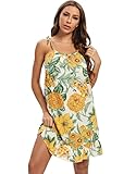 Vozanet Damen Sommer Ärmelloses Nachthemd Sexy Elegant Lounge Kleid Blume Hübsch Schlafkleid Träger Nighty Baumwolle Nachthemd, Gelbgrünes Blumenmuster, Large