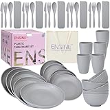 ENSINE Campinggeschirr-Set, Premium Plastikgeschirr-Set, Unzerbrechliches Picknick-Geschirr für 5 Personen, leicht und tragbar, ideal für Camping, Outdoor-Aktivitäten und Picknicks.(Grau)
