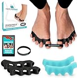 RestoreFeet Zehentrenner mit Anti-Hallux Valgus Band – 2 Paar (schwarz + hellblau) + schwarzes Band – Packung mit Video Guide Übungen – Silikon 0% BPA Herren Damen