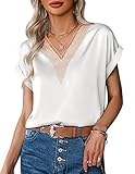 Zeagoo Damen Bluse Kurzarm V-Ausschnitt Shirt Elegant Lose Satin Oberteil Sommer Lässige Blusenshirt Weiß S