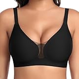 BH Damen Ohne Bügel Nahtloser Glatter Weicher BH Modische Spitze Mesh Tiefes V-Ausschnitt Bequemer BHS Gepolsterter BHS Bustier Bügellos Soft Bra Seamless Bralette T-Shirt (Schwarz, L)