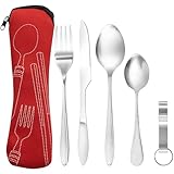 Bramble Camping Besteckset 1 Person Edelstahl Reisebesteck mit Etui (Rot) - Outdoor Besteck Set für Unterwegs