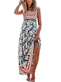 CUPSHE Damen Sommerkleid Gesmokt Ärmellos Maxikleid Rüschen Spaghettiträger Lang Freizeitkleider Maxi Dress Marineblau mit Blumenmuster L