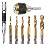 6 Stück Bohrer Set, Rostfreie Stähle, mit Schnellwechselspannzange und Positionierstempel, M3 M4 M5 M6 M8 M10 Bohr-Gewindebohrer-Senker Bits, 1/4” Hex-Schaft, Geeignet für Holz, Metall (Gold)