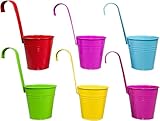 Riyashop 6er Set Bunt Blumentopf hängend - Hängetopf - Pflanztopf - Übertopf - Hängeblumentopf - Blumenübertopf Zink - Ø 9/13 cm - B/H/T ca. 13 x 28 x 24 cm - mit abnehmbaren Haken