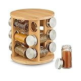 Relaxdays Gewürzkarussell, 12 Gewürzgläser, 360° drehbarer Gewürzständer, HxD 21 x 21 cm, Bambus, Gewürzregal, natur