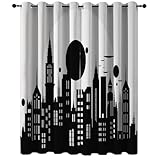 100% Blickdichte Vorhänge Moderner Kunststil Urbane Architektur Silhouette Bedruckte Verdunklungsvorhänge mit Ösen, Schwarz Weiß Thermo Isoliert Gardinen für Wohnzimmer, H 175 x B 135 cm (2er Pack)