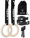 PULLUP & DIP Premium Turnringe Holz, Gym Rings Gymnastikringe, Turnerringe für Calisthenics, Breite Befestigungsgurte mit Markierungen + Türanker + Transportbeutel + eBook (runde Ringe Set)