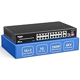 16-Port PoE-Switch mit 2 Uplink-Gigabit-Ports & 1 SFP, VIMIN 19-Port Unmanaged 10/100Mbps Netzwerk PoE-Switch mit 16 PoE-Ports, AI Watchdog, VLAN, Verlängerung 250m, unterstützt IEEE802.3af/at