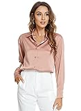 Atnlewhi Damen Bluse Langarm Knöpfen Satin Seide Hemden Basic Kent Kragen Arbeit Büro Formelle Casual Blusen Shirt - Rosa - M