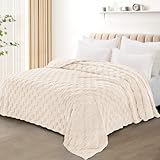 Exclusivo Mezcla Kuscheldecke Fleece-Decke, Superweiche 3D Karierte Wohndecke, Flauschige Tagesdecke für alle Jahreszeiten, 220 x 240 cm, Elfenbein