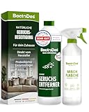 BactoDes Spezial Geruchsneutralisierer 1L I Enzymreiniger mit biologischer Mikrobenkraft & Tiefenwirkung inkl. Spray-Mischflasche I Effektiver Geruchsentferner für Haus, Auto & Textilien