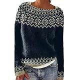 Generisch Pullover Damen Bunt Norweger-Pullover Große Größe Norwegerpullover Verdickt Klassisch Fleece Longpullover Teenager Mädchen Strickpullover Kuschelig Warmer Gestreiftes Pulli Oberteil