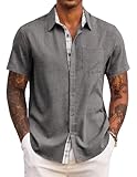 COOFANDY Herren Hemd Kurzarm Kurzarmhemd Sommerhemd Leicht Freizeithemd Strand Hemd Herrenhemd Kurzarm Urlaubshemd Kariertes Dunkelgrau 3XL