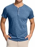 WUWUSKY Herren T-Shirt mit 3-Knopfleiste Einfarbig Henley Poloshirt Freizeit Shirts | Baumwolle Kurzarm Shirt mit Hemd-Kragen,Blau,M