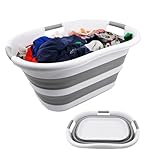 SAMMART faltbarer Wäschekorb aus Kunststoff, 40 l, zusammenklappbarer Pop-Up-Aufbewahrungsbehälter/Organizer – tragbare Waschwanne – platzsparender Wäschekorb (1, Weiß/Grau)