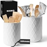 MIAMIO – Küchenutensilienhalter Keramik / Küchen Organizer Set für die Aufbewahrung von Besteck, Kochlöffel und Zubehör - Palmanova Kollektion (Weiß)