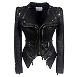 DISSA Damen Schwarz Lederjacke Kunstleder Bikerjacke mit Reißverschluss,P603,M