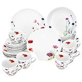 MamboCat Marie 30tlg Kombiservice I Porzellan-Geschirrset mit Blumenwiese-Dekor für 6 Personen I Je 6x Tassen, Untertassen, Kuchenteller, Suppenteller & Speiseteller