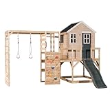 Wendi Toys M22G-G Spielhaus Kinder Outdoor Holz mit Kletterturm Outdoor, Spielhaus mit Rutsche und Stelzenhaus, 342 x 356 x 242 cm, Grau, FSC Spielturm mit Rutsche, Garten Holzhaus für Kinder