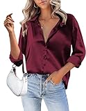 Zeagoo Damen Satinblusen Basic Langarmshirt V-Ausschnitt Für Einen Lässigen Herbstlook Elegant Satin Hemd Einfarbig Oberteile Business Locker Blusen Weinrot L