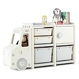 COSTWAY Spielzeugregal, 2 Ebenen Kinderregal mit Schrank und Aufbewahrungsboxen, Bücherregal für Kinder, Kinderzimmer Regal für Spielzeug Aufbewahrung, 110 x 32 x 66 cm (Auto, Beige)