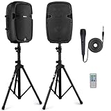 Pyle PA Anlage, 1000W- PA Anlage Komplettset, Lautsprecher mit Mikrofon, Partybox Bluetooth, DJ Lautsprecher- mit 2- Boxenständer, USB/SD/MP3/AUX, Fernbedienung, Aktive/Passive- Lautsprecher Paar