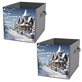AQRJLPM Aufbewahrungskörbe für Weihnachten, Winter, Happy Scene, faltbar, würfelförmig, Aufbewahrungsboxen, Körbe mit Ledergriffen zum Organisieren von Kleidung, Laken, Jeans, Büchern