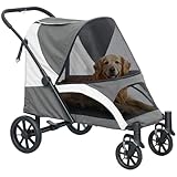 PawHut Hundewagen Hundebuggy klappbar für große Hunde & Katzen bis 30 kg Katzenbuggy mit Kissen Netzfenstern Türen Aufbewahrungstasche Katzenwagen mit Sicherheitsleinen, Bremsen, Buggy Dunkelgrau