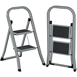 AMHANCIBLE Trittleiter, Leiter mit 2 Stufen, bis 150 kg belastbar, Klapptritt mit breitem Anti-Rutsch-Pedal und Klappsicherung, Einfach zu verstauen, Perfekt für Küche & Haushalt, Taubengrau EBSL02GY