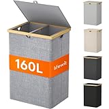 Lifewit 160L Bambus Wäschekorb mit Deckel, Faltbar Wäschesammler 2 Fächer Wäschesortierer mit Abnehmbarem Wäschesack Bambus Griffen Wäschebox Laundry Baskets für Waschküche, Schlafzimmer, Grau