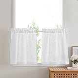 PONY DANCE Scheibengardinen Kurz Leinenoptik Gardinen Weiss Halbtransparent Fenstergardinen 2er Set B 60 x H 45 cm Küchengardinen Fenster Kurzgardinen mit Stangedurchzug Dekoration