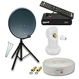 PremiumX Satelliten-Komplettanlage 80cm Satellitenschüssel Anthrazit Single LNB Dreibein-Stativ Kabel FullHD Sat-Receiver HDMI-Kabel