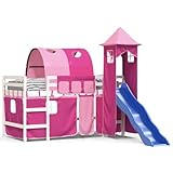 Eleganz Kinderhochbett mit Turm Rosa 90x190 cm aus Massivholz Kiefer - Stabiles Spielbett mit Rutsche für Kinderzimmer - Platzsparendes Design für kleine Räume