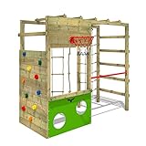 Fatmoose Klettergerüst Spielturm CleverClimber Club XXL, Outdoor Kinder Kletterturm mit Reckstange, Kletternetz, Basketballkorb, Kletterseil & Kletterwand für den Garten