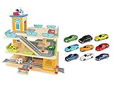 Leomark Große Parkgarage aus Holz - Stabil Parkhaus - Garage mit Zubehör, Spielgarage mit einem Lift, Hubschrauber, Holzgarage mit 9 Metallautos Natural