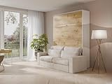 Vente-unique-Schrankbett + Sofa - 140 x 200 cm - Manuelle vertikale Öffnung - Mit LED-Beleuchtung - Weiß & Holzfarben - RAPILI