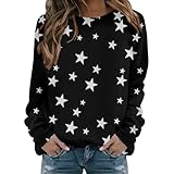 Damen-Sweatshirt mit Sternendruck, hutlos, langärmelig, modisch, Top, Sweatshirt, lockerer Pullover, Top, leichtes Sweatshirt für Damen, langärmelig, Sportbekleidung, Schwarz