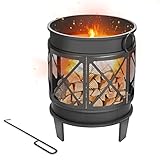 Izrielar Feuerkorb Feuerschale mit Funkenschutz & Griffen, Feuerstelle für Garten & Terrasse, Antik-Rost-Optik, Tragbar und leicht zu bewegen für die Außenheizung, Multifunktional Fire Pit BBQ