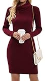 Imuedaen Strickkleid Damen Rollkragen Elegant Langarm Tunika Pullikleid Lang Strickpullover Minikleid Pullover für Herbst Winter (A Burgund, S)
