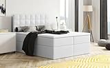 Moderne Boxspringbett MERA Premium Bett mit Bettkasten Ziernähten Bonell Matratze H3 Federkern Topper T25 Polsterbett Doppelbett Schlafzimmer (Weiß Kunstleder: MADRYT 120, 120 x 200)
