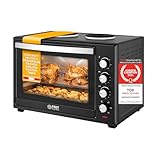 TZS First Austria Minibackofen mit Kochplatten I 60l I 1800W Ofen, 1000W + 600W I Umluft I 230 °C I Drehspieß I 5 Heizarten I 15,6kg I Schwarz