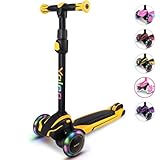Yoleo Kinderscooter, Kinder Roller mit LED Leuchtenden Räder, Dreiradscooter 4 Höhenverstellbare für Jungen & Mädchen im Alter von 3-12 Jahren, bis 50kg blasbar, Gelb