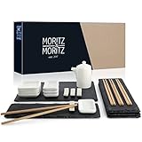 Moritz & Moritz 22-tlg. Sushi Geschirr Set für 4 Personen - Servierset mit 4x Teller, 1x Servierplatte, 4x Dip-Schälchen, 8x Stäbchen u.v.m.