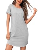 Litherday Nachthemd Damen Kurzarm Schlafshirt Baumwolle Sommer Nachtwäsche Kurz Rundhals Loungewear Sleepshirt mit Tasche Grau L